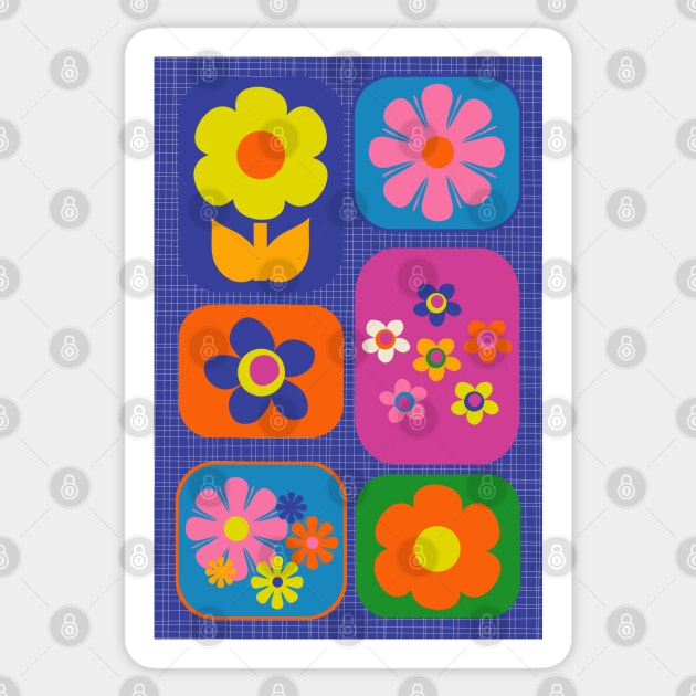 Retro Flower Patch Cute Colorful Vintage Aesthetic Flowers on Blue Sticker by KierkegaardDesignStudio